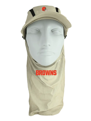Tan ball cap with neck tube, Browns logo on front, Cleveland Browns text on neck tube.