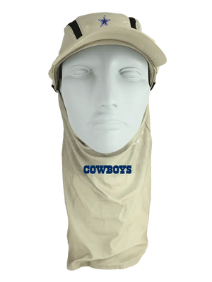Tan ball cap with neck tube, Cowboys logo on front, Cowboys text on neck tube.
