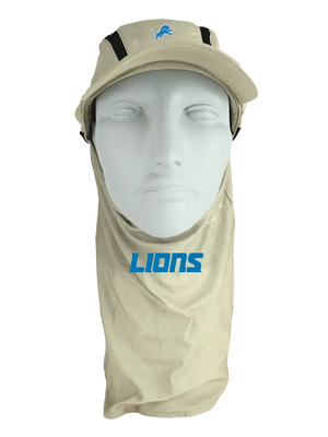 Tan ball cap with neck tube, Lions logo on front, Lions text on neck tube.