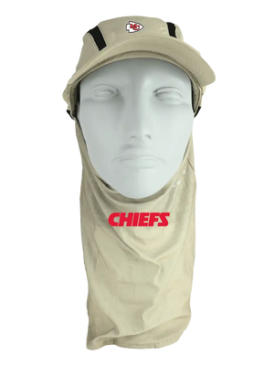 Tan ball cap with neck tube, Chiefs logo on front, Chiefs text on neck tube.