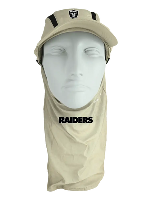 Tan ball cap with neck tube, Raiders logo on front, Raiders text on neck tube.