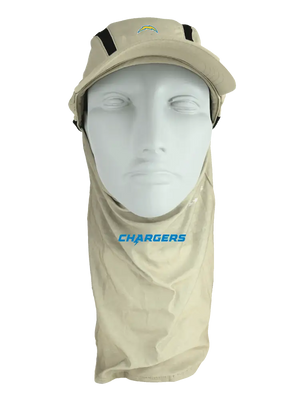 Tan ball cap with neck tube, Chargers logo on front, Chargers text on neck tube.