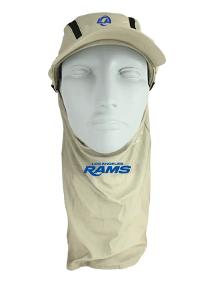 Tan ball cap with neck tube, Rams logo on front, Los Angeles Rams text on neck tube.