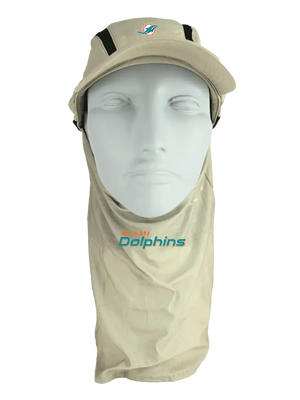 Tan ball cap with neck tube, Dolphins logo on front, Miami Dolphins text on neck tube.