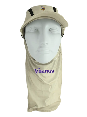 Tan ball cap with neck tube, Vikings logo on front, Vikings text on neck tube.
