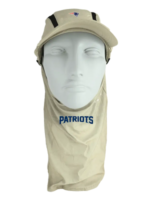 Tan ball cap with neck tube, Patriots logo on front, Patriots text on neck tube.