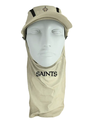 Tan ball cap with neck tube, Saints logo on front, Saints text on neck tube.