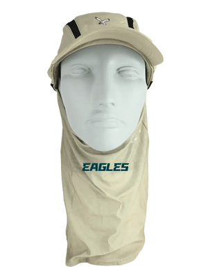 tan cap with eagles logo, with neck tube, eagles text on neck tube