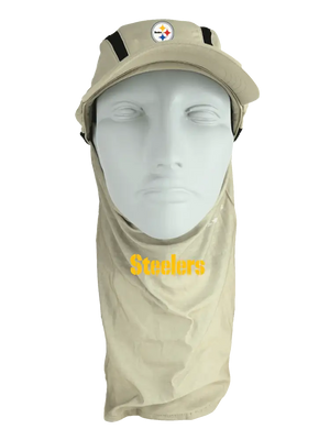 Tan ball cap with neck tube, Steelers logo on front, Steelers text on neck tube.