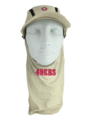 Tan ball cap with neck tube, 49ers logo on front, 49ers text on neck tube.