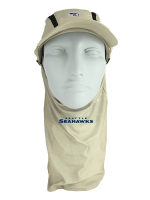 Tan ball cap with neck tube, Seahawks logo on front, Seattle Seahawks text on neck tube.