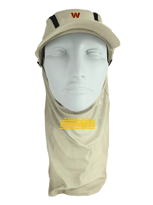 Tan ball cap with neck tube, Washington Commanders logo on front, Washington Commanders text on neck tube.