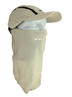 Tan ball cap with neck tube, Raven logo on front, Baltimore Ravens text on neck tube