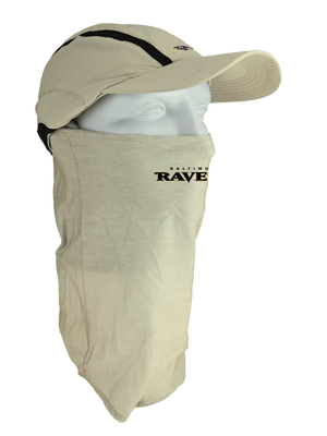 A beige Baltimore Ravens sun hat with a built-in neck gaiter, displayed on a white mannequin head against a plain white background.
