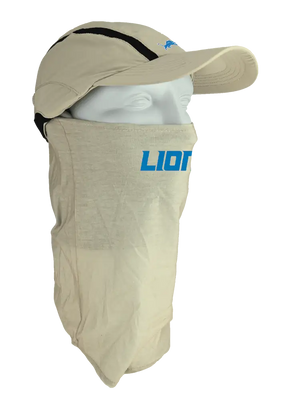 Tan ball cap with neck tube, Lions logo on front, Lions text on neck tube.