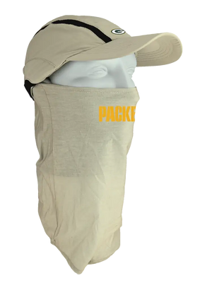 Tan ball cap with neck tube, Packers logo on front, Packers text on neck tube.