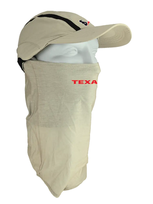 Tan ball cap with neck tube, Texans logo on front, Texans text on neck tube.