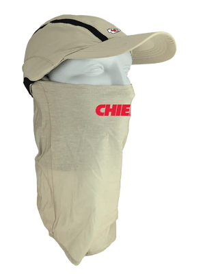 Tan ball cap with neck tube, Chiefs logo on front, Chiefs text on neck tube.