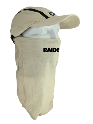Tan ball cap with neck tube, Raiders logo on front, Raiders text on neck tube.