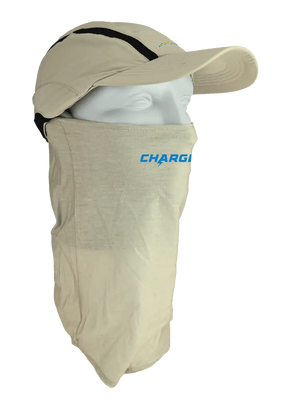 Tan ball cap with neck tube, Chargers logo on front, Chargers text on neck tube.