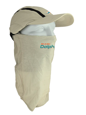 Tan ball cap with neck tube, Dolphins logo on front, Miami Dolphins text on neck tube.
