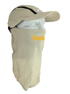 Tan ball cap with neck tube, Steelers logo on front, Steelers text on neck tube.