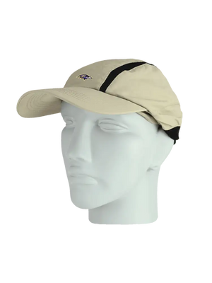 Tan ball cap with neck tube, Raven logo on front, Baltimore Ravens text on neck tube