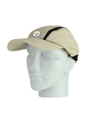 Tan ball cap with neck tube, Steelers logo on front, Steelers text on neck tube.