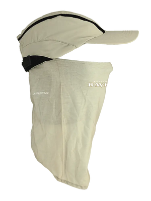 Tan ball cap with neck tube, Raven logo on front, Baltimore Ravens text on neck tube