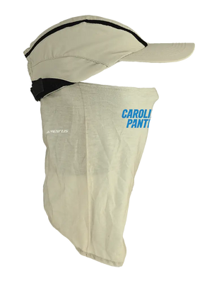 Tan ball cap with neck tube, Panthers logo on front, Carolina Panthers text on neck tube.