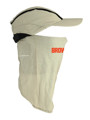 Tan ball cap with neck tube, Browns logo on front, Cleveland Browns text on neck tube.