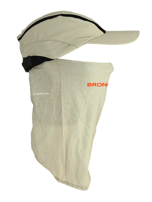 Tan ball cap with neck tube, Broncos logo on front, Broncos text on neck tube.