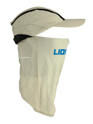 Tan ball cap with neck tube, Lions logo on front, Lions text on neck tube.