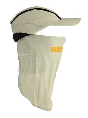 Tan ball cap with neck tube, Packers logo on front, Packers text on neck tube.