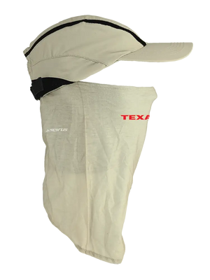 Tan ball cap with neck tube, Texans logo on front, Texans text on neck tube.