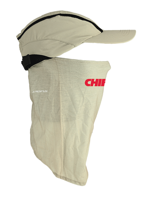 Tan ball cap with neck tube, Chiefs logo on front, Chiefs text on neck tube.