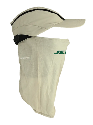 Tan ball cap with neck tube, Jets logo on front, Jets text on neck tube.