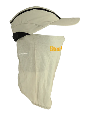 Tan ball cap with neck tube, Steelers logo on front, Steelers text on neck tube.