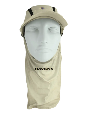 A beige Baltimore Ravens sun hat with a built-in neck gaiter, displayed on a white mannequin head against a plain white background.