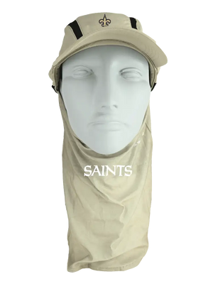 Tan ball cap with neck tube, Saints logo on front, Saints text on neck tube.