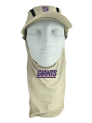 A beige baseball cap with a matching beige neck gaiter face covering, both featuring Giants logo displayed on a white mannequin head against a white background.