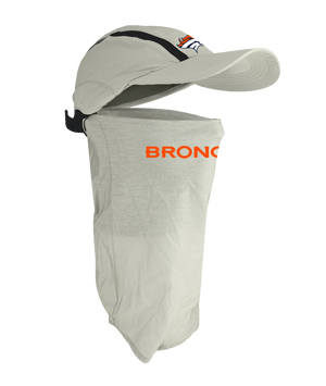 A light gray baseball cap with a matching neck gaiter face cover, featuring the orange word 'BRONCOS' on the gaiter and a broncos official logo on the cap.