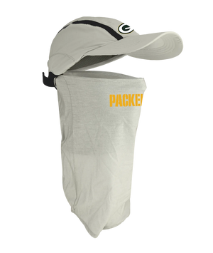 A light tan baseball cap with a matching neck gaiter, featuring the Green Bay Packers logo on the cap and 'PACKERS' printed in yellow on the neck gaiter.