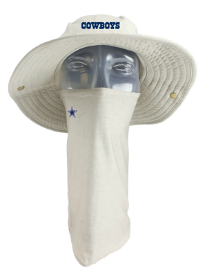 Brimmed hat with neck tube, Cowboys text on front, Dallas Cowboys logo on neck tube.