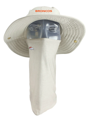 Brimmed hat with neck tube, Broncos text on front, Denver Broncos logo on neck tube.