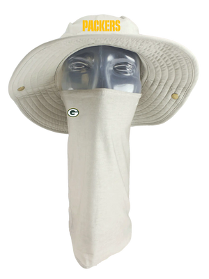 Brimmed hat with neck tube, Packers text on front, Green Bay Packers logo on neck tube.