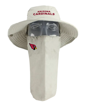 A wide-brim sun hat with a matching face cover-up attached, displayed on a mannequin head. The hat features 'ARIZONA CARDINALS' in red on the front of the hat and the Arizona Cardinals bird logo on the right cheek of the neck gaiter.