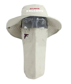An Atlanta Falcons wide-brim bucket hat with an attached beige face shield, displayed on a mannequin head against a white background. The hat is tan with red and white team name branding on the front of the hat, and the Falcons logo is on the right cheek of the neck gaiter.
