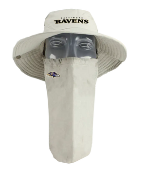 A beige Baltimore Ravens bucket hat with a built-in neck tube, displayed on a gray mannequin head against a white background.
