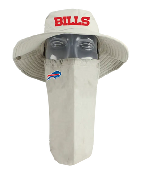 A Buffalo Bills tan sun hat with a matching face scarf, displayed on a mannequin head against a red background. Red 'Bills' text logo on the hat and Bills team logo on the right cheek of the neck gaiter.
